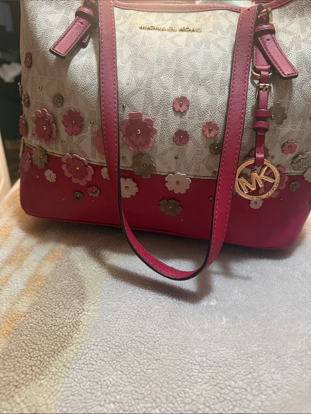Michael Kors Pink and Beige Floral Applique Tote